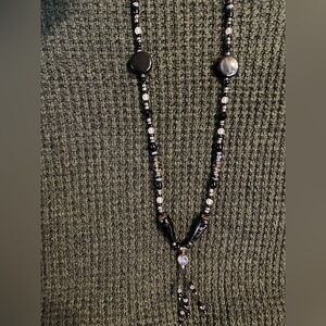 Elegant Black and Clear Glass Beaded Necklace with Black Jasper